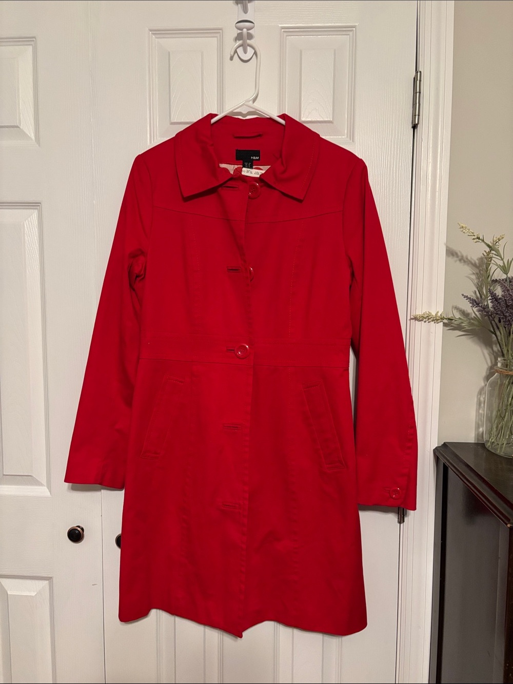 H&M Red Women's Trench Coat with Polka Dot Lining